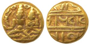 Vijayanagar, Devaraya I (1406-1422 AD), Gold Pagoda, 3.33g, Shiva-Parvati seated, Siva hol