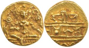 Vijayanagar, Krishna Deva Raya, Gold ½ Pagoda, 1.68g, seated Balakrishna flanked by conch 
