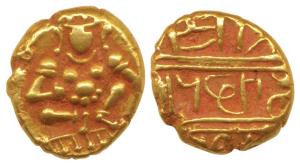 Vijayanagar, Krishna Deva Raya, Gold Pagoda, 3.34g, Lord Krishna seated on obv., Devnagari
