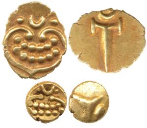 Thanjavur Venkoji, Gold Fanam (2), Katar on obv., degenerate Kali on rev., thin and thick 