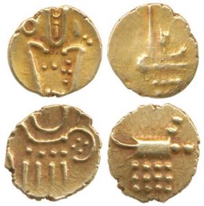 Veera Raya, Coorg, Gold Fanam (2), obv. stylized lion standing right with crescent above; 