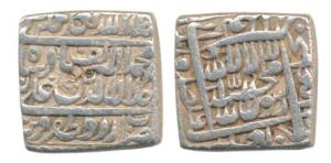 Akbar, Silver Square Rupee, Urdu Zafar Qarin Mint, Alif (AH 1000) (KM 82.9). Very Fine+, S