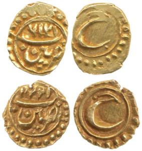 Tipu Sultan, Gold Fanam, Pattan Mint, AM 1216, 1222, a dot under He on the first and dot a