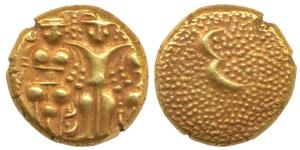 Gold 3 Swami Pagoda, 3.41g, Lord Balaji standing with his wives, Bhudevi and Shridevi on e