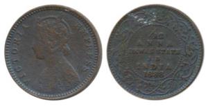 Narayan Rao, Copper 1/12 Anna, with the name and portrait of Victoria 1888, (KM 11). Very 