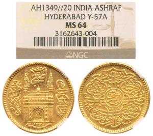 Mir Usman Ali Khan, Gold Ashrafi, Charminar on obv., AH 1349/20, (KM Y 57). Slabbed in NGC