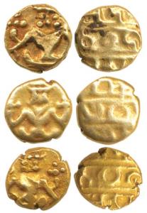 Krishna Raja Wodeyar, Gold Fanam (3) obv. Seated Narasimha; rev. Kanarese legend, Kanthira