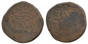 Goa, Jose I, Copper 30 Reis or ½ Tanga, 18.58g, 1774, crowned arms on obv., value and date
