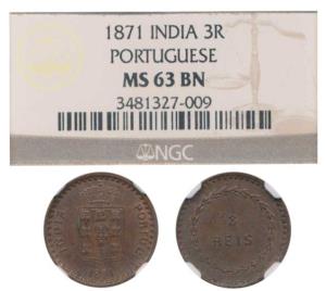 Goa, Colonial Issue, Copper 3 Reis, 1871, (KM 302). Slabbed and graded by NGC MS 63BN, Rar