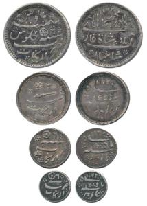 Arkat Mint, Silver 1/2, 1/4, 1/8 and 1/16 Rupee, in the name of Alamgir II, AH 1172/6, ros