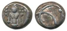 Silver Double Fanam, 1.8g, reduced weight, crude, Vishnu standing on obv., interlocked C’s