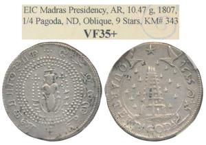 1/4 Pagoda, 10.47g, Standing Vishnu type, 1st issue, no date, 1807, 9 stars on either side