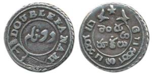 Silver Double or 2 Fanams, 1.74g, 2nd issue, 1808, oblique milling, buckled garter on obv.
