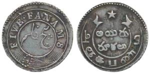 Silver 5 Fanams, 4.52g, 2nd issue, Mule, 1808, buckle formed of dots on obv.; ribbon and s