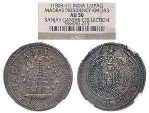 Silver ½ Pagoda, 2nd issue, 1808, value in English and Persian on ribbon around Gopuram on
