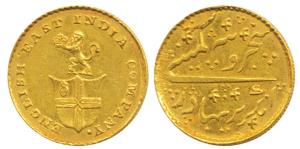 Gold Rupees 5 or 1/3 Mohur, 3.86g, company arms with a lion holding the crown on obv., No 