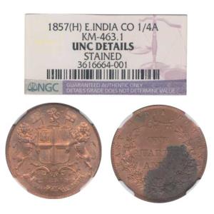 Copper ¼ Anna, 1857, double leaf variety on rev. Slabbed and graded by NGC UNC Details, Ab