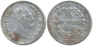 William IV, Silver ¼ Rupee, 1835, F incuse, 19 Berries, without dot after date. Very Fine+