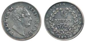 William IV, Silver ¼ Rupee, 1835, RS incuse, 20 Berries, Hindi Script, without dot after d