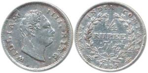 William IV, Silver ¼ Rupee, 1835, No initials, 20 Berries, without dot after date. Fine+, 
