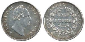 William IV, Silver ½ Rupee, 1835, F incuse, 20 Berries. Extremely Fine, Very Rare.