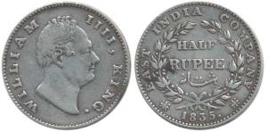 William IV, Silver ½ Rupee, 1835, F incuse, 20 Berries. Very Fine+, Rare.