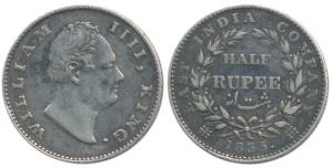 William IV, Silver ½ Rupee, 1835, F incuse, 21 Berries. Very Fine, Rare.