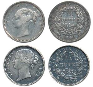 Victoria Queen, Silver ¼ Rupee (2), 1840, continuous and divided legend. Fine+ to Very Fin