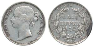 Victoria Queen, Silver ½ Rupee, 1840, divided legend, Madras Mint, B raised, WW incuse, 24