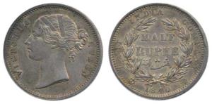 Victoria Queen, Silver ½ Rupee, 1840, divided legend, WW incuse, 24 Berries. Nice toning, 