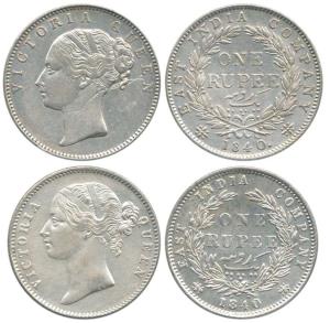 Victoria Queen, Silver Rupee (2), 1840, continuous and divided legend, WW raised. Very Fin