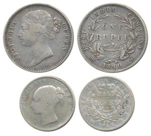 Victoria Silver Rupee and ½ Rupee, 1840, divided and continuous legend respectively. Fine 