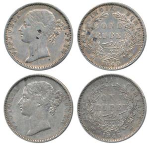 Victoria Queen, Silver Rupee, 1840, divided legend, WWS raised and WWB raised, both 28 Ber