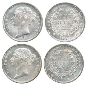 Victoria Queen, Silver Rupee, 1840, divided legend, WW raised, 28 Berries. Uncirculated. (