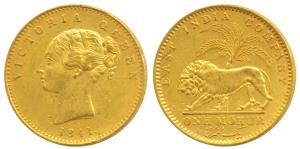 Victoria Queen, Gold Mohur, 1841, continuous legend, without initial on truncation (Prid 1