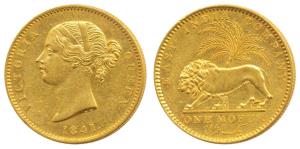 Victoria Queen, Gold Mohur, 11.60g, 1841, divided legend, WW incused on truncation (KM 462