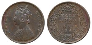 Victoria Queen, Copper ½ Anna, 1862, obv. A. Very Fine+, Rare.