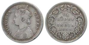 Victoria Queen, Silver ¼ Rupee, Error, with I in Victoria mis-spelt by numeral 1, hence re