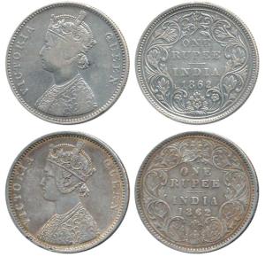 Victoria Queen, Silver Rupee, 1862, A2 / I / 1 / 1; A / II / 0 / 7. Very Fine to Extremely