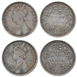 Victoria Queen and Empress, Silver Rupee, 1862, A / II / 0 / 4; 1878, A3 / II / dot. Fine+