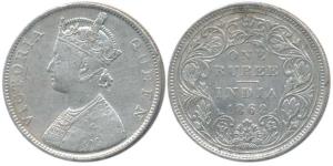 Victoria Queen, Silver Rupee, 1862, B / II / 4 / 0 dot. About Very Fine, Rare.