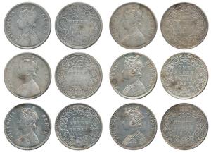 Victoria Queen and Empress, Silver Rupee, 1862, Dot and no Dot (3), 1877, 1890 and 1900. F