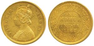 Victoria Queen, Gold One Mohur, 1862, V in Jabbot (KM Y15). Extremely Fine, Scarce.