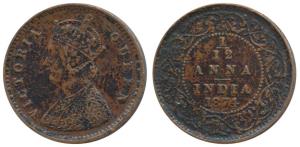 Victoria Queen, Copper 1/12 Anna, 1874, Calcutta Mint (PR 783). About Extremely Fine, Extr