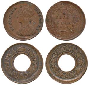 Victoria Empress, Copper ½ Pice; Copper Pice, 1945, Error, both 10% off-center. Extremely 