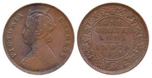 Victoria Queen, Copper ¼ Anna, 1898. About Extremely Fine, Very Rare.