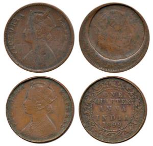 Victoria Empress, Copper ¼ Anna (2), Error, Brockage, partial lakhi impression within a de
