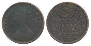 Victoria Queen, Copper ½ Anna, 1875. Good, Rare.