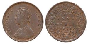 Victoria Queen, Copper ½ Anna, 1876, Calcutta Mint, obv. Bust B. Very Fine+, Very Rare.