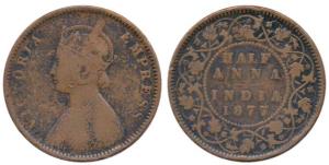 Victoria Queen, Copper ½ Anna, 1877. Fine+.